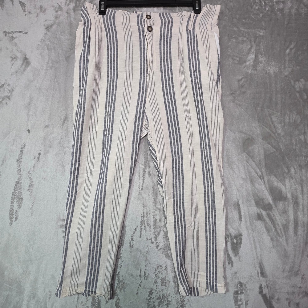 Cali 1850 Los Angeles Women XL Linen Blend Striped Paperbag Waist Pants Navy
